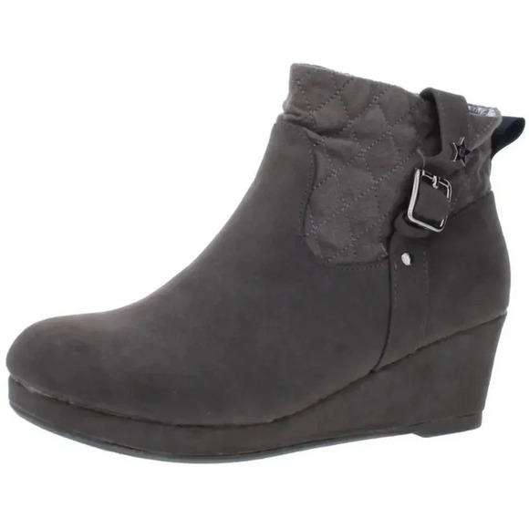 TOMMY HILFIGER “CATE” PEARL GREY UTILITY BOOTS WITH BUCKLE AND SIDE ZIP SIZE 5 - Picture 1 of 12